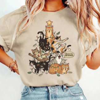 Camiseta Gatos Engraçados Árvore de Natal Luzes Emaranhadas