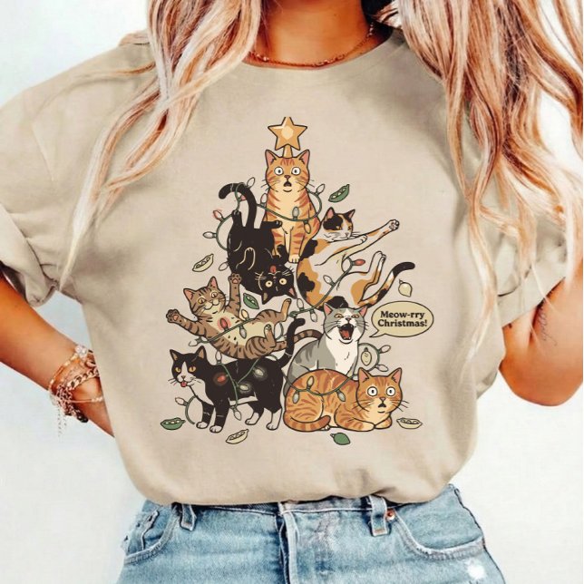 Camiseta Gatos Engraçados Árvore de Natal Luzes Emaranhadas (Criador carregado)