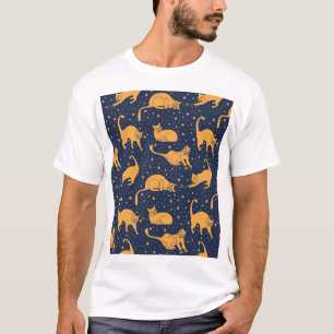 Camiseta Gatos engraçados, estrelas, padrão espacial.