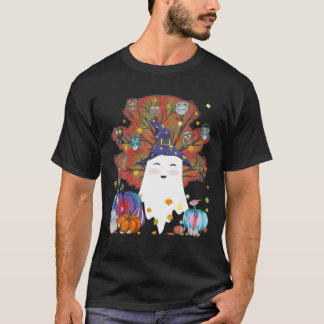 Camiseta Gatos-Fantasma-Bruxa Abóbora Café Folha Folha