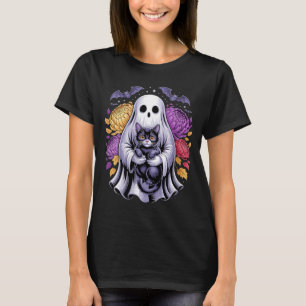 Camiseta Gatos Fantasmas Assustadores Florais Abóbora Fofa 