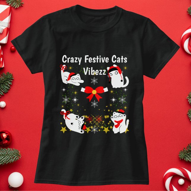 Camiseta Gatos Festivos Loucos, Feliz Natal Personalizado (Criador carregado)