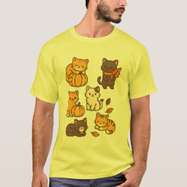 Camiseta Gatos Fofo de Outono com Abóboras e Folhas Caem
