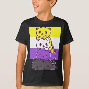 Camiseta Gatos Fofos Com Bandeira Não Binária - Kawaii Lgbt