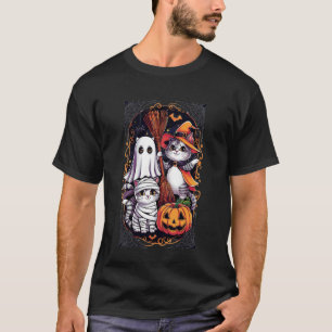 Camiseta Gatos fofos de Halloween Trio Fantasma Bruxa Múmia