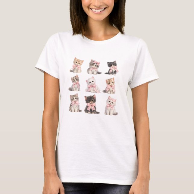 Camiseta Gatos Fofos Laços Rosa Adoráveis Gatinhos   (Frente)