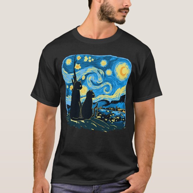 Camiseta Gatos Frescos Frescos Noite Van Gogh Pai Mãe Filho (Frente)