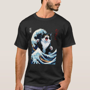 Camiseta Gatos Japoneses Kawaii Tee Japão Gato & Onda de Ka