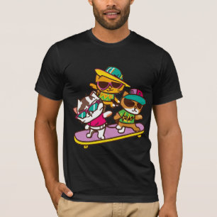 Camiseta Gatos Jogam Skateboard Vestindo Óculos Hip Hop Hat
