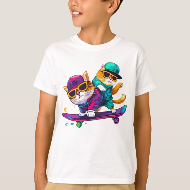 Camiseta Gatos Jogam Skateboard Vestindo Óculos Hip Hop Hat (Frente)