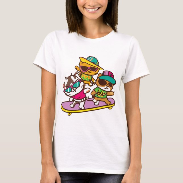 Camiseta Gatos Jogam Skateboard Vestindo Óculos Hip Hop Hat (Frente)