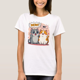 Camiseta Gatos Kawaii Fofos Dizendo Wow e Olá Arte de Quadr
