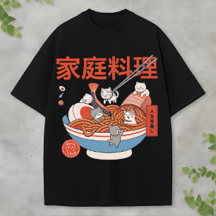 Camiseta Gatos Kawaii Japoneses Macarrão Amantes de Comida