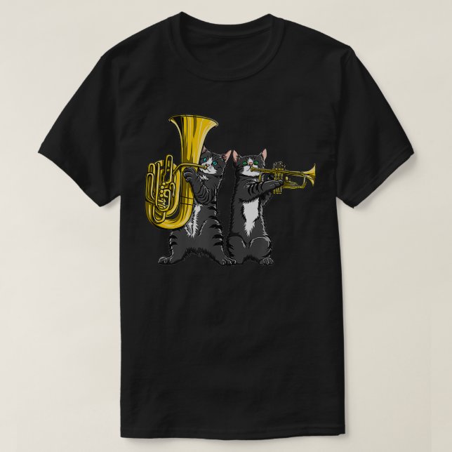Camiseta Gatos legal tocando tuba de música e trombose de j (Frente do Design)
