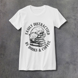 Camiseta Gatos, Livros e Café Feminino Ajustado