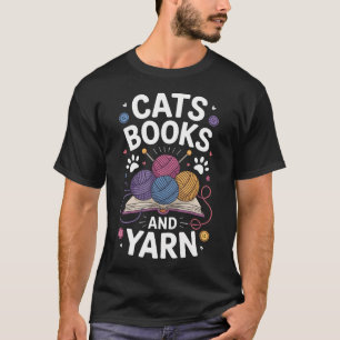 Camiseta Gatos Livros E Fio De Tricô Divertido Tricô