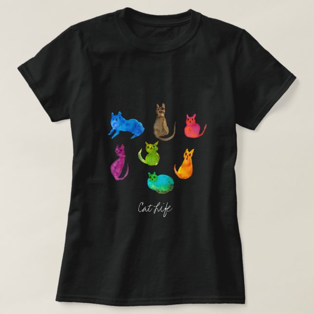 Camiseta Gatos loucos coloridos em aquarela (Frente do Design)
