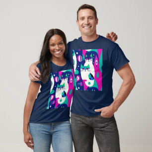 Camiseta Gatos Modernos do Século médio num Fundo Azul Escu