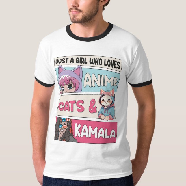 Camiseta Gatos Mulheres para Kamala - Anime, Cats e Kamala  (Frente)