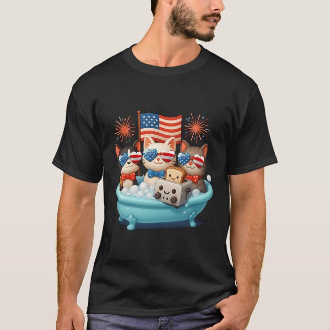 Camiseta Gatos Na Bathtub Anime American Flag USA Patriot 4 (Frente)