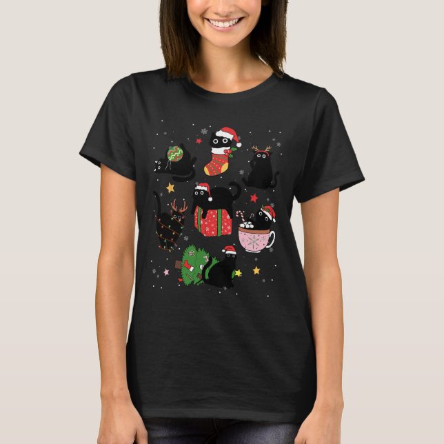 Camiseta Gatos Negros Engraçados Santa Hata Feliz De Natal  (Frente)