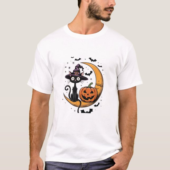 Camiseta Gatos Negros Sobre Lua Com Abóboras No Halloween (Frente)