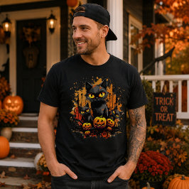 Camiseta Gatos Pretos de Halloween Fofos e Jack-O'-Lantern
