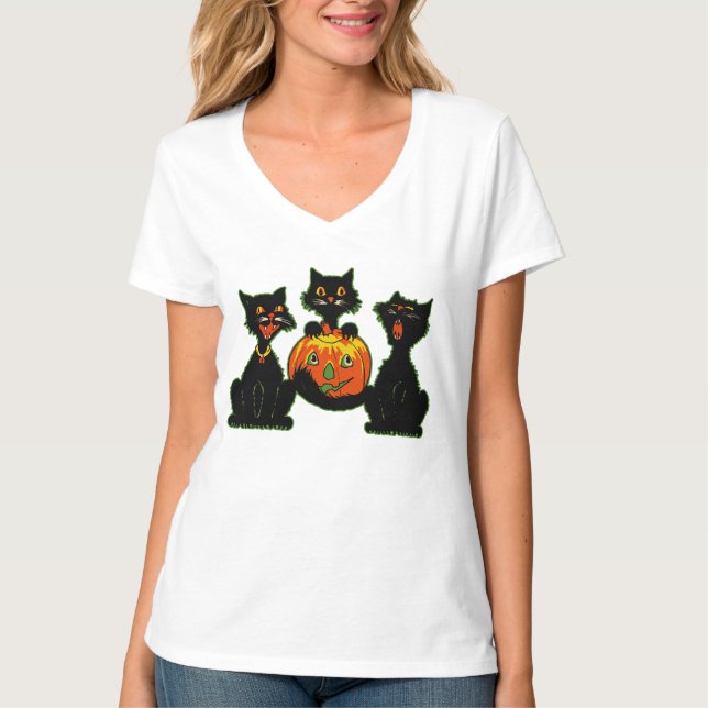 Camiseta gatos pretos do Dia das Bruxas dos anos 30 com (Frente)