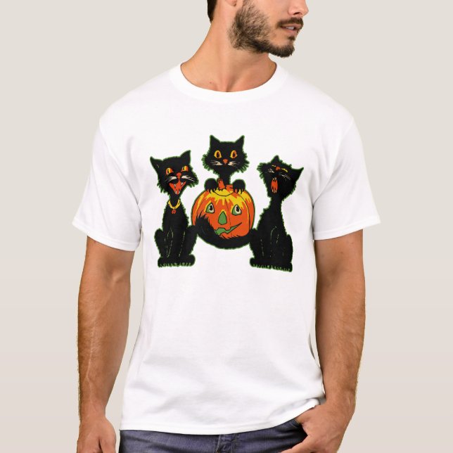 Camiseta Gatos Pretos do Halloween de 1930 com Jack O'Lante (Frente)
