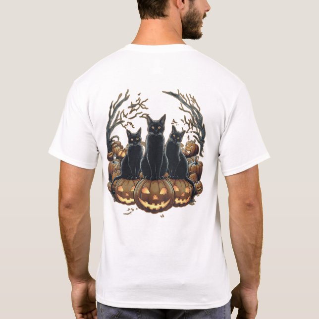 Camiseta Gatos Pretos do Trio Spooky no Halloween de Pumpki (Verso)