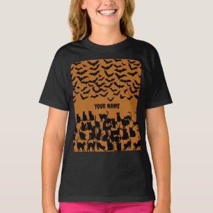 Camiseta Gatos pretos e morcegos no Halloween das crianças