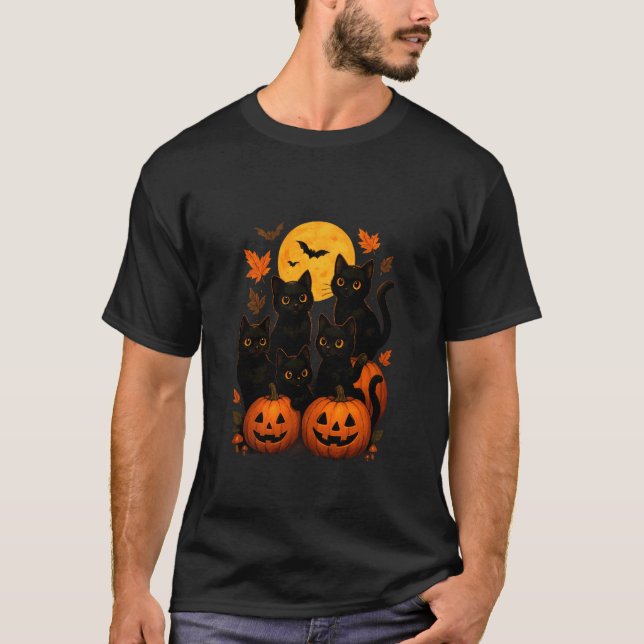 Camiseta Gatos Pretos em Abóboras Sob a Lua Cheia Cena Assu (Frente)
