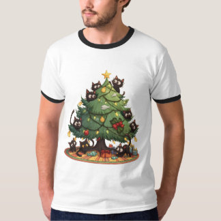 Camiseta Gatos Pretos Engraçados Caos na Árvore de Natal Fe
