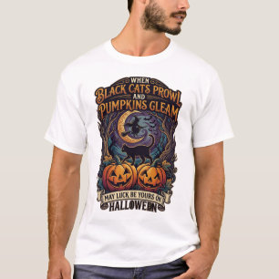 Camiseta Gatos Pretos Espreitam Abóboras Brilham Halloween