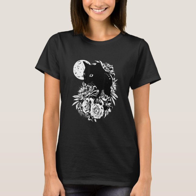 Camiseta Gatos Pretos Flores Noturnas de Gato (Frente)
