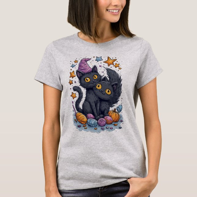 Camiseta Gatos Pretos HALLOWEEN com doces e estrelas (Frente)