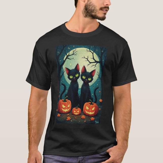 Camiseta Gatos Pretos & Jack-O'-Lanterns sob a Lua Cheia (Frente)
