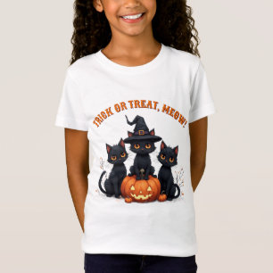 Camiseta Gatos Pretos Kawaii em Patch de Abóbora Halloween