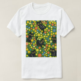 Camiseta Gatos Pretos | Padrão Floral de Campo com Gatos Pr