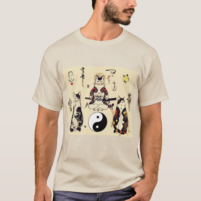 CAMISETA GATOS SAMURAI NO CÉREBRO,ESQUELETO,TATUAGENS DE BO (Frente)