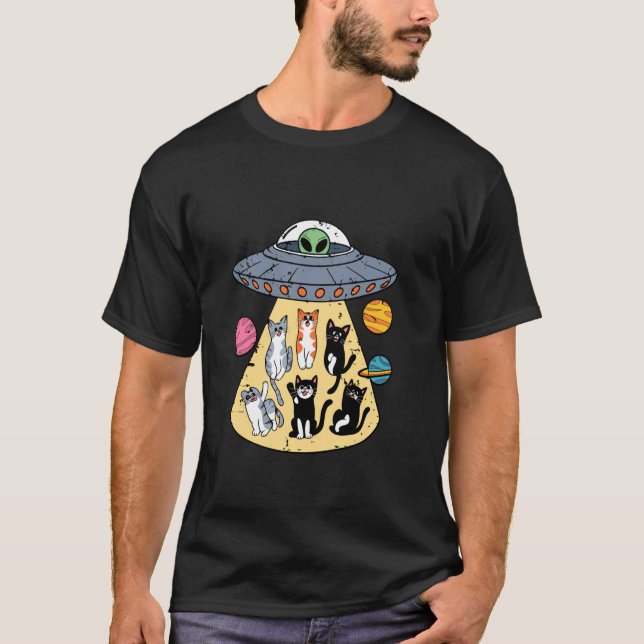 Camiseta Gatos Sequestro Alienígena Com Planetas Diversão (Frente)