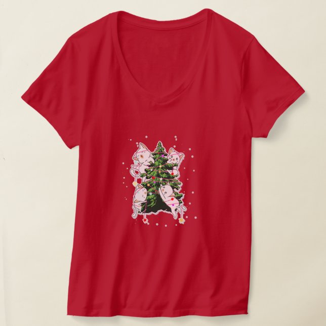 Camiseta gatos subindo e decorando uma árvore de Natal  (Postura )