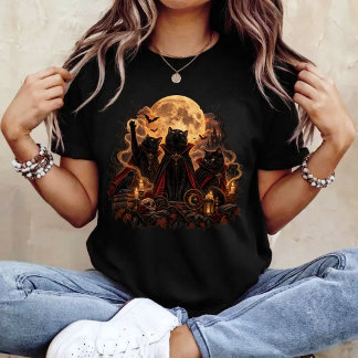 Camiseta Gatos Vampiros Lua Cheia Halloween