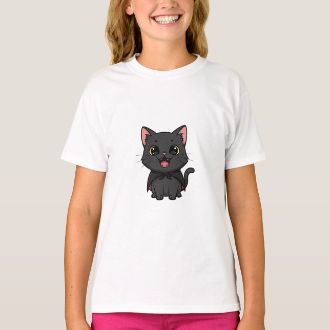 Camiseta Gatos Vampiros Pretos Fofos para Crianças (Frente)
