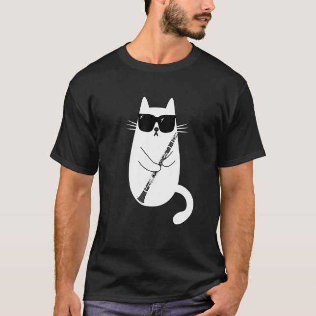 Camiseta Gatos Vestindo Óculos De Sol Jogando Clarinet Musi (Frente)