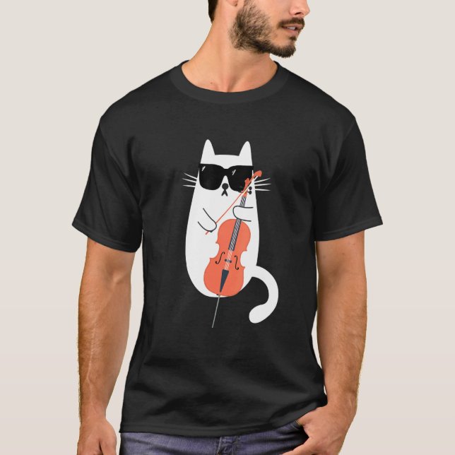Camiseta Gatos Vestindo Óculos De Sol Tocando Música Cello  (Frente)