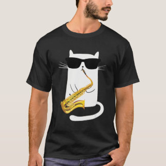 Camiseta Gatos Vestindo Óculos Solares Jogando Saxofone