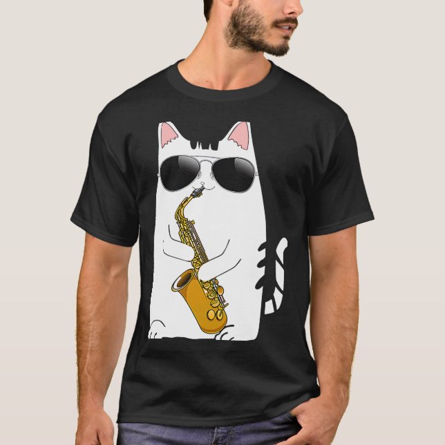 Camiseta Gatos Vestindo Óculos Solares Jogando Saxofone Sax (Frente)