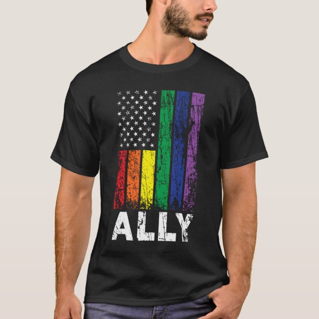 Camiseta Gay Ally USA Patriotic Rainbow Flag Gay Pride 4th  (Frente)