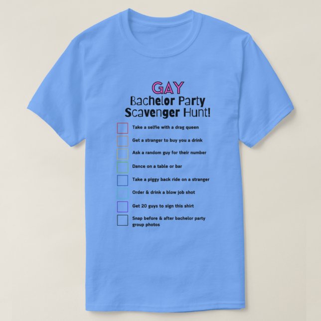 Camiseta Gay Bachelor Party Scavenger Hunt (Frente do Design)